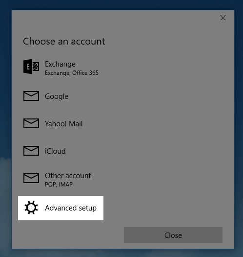 Windows 10 Mail advanced setup.