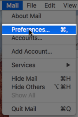 The mail menu with the preferences option.