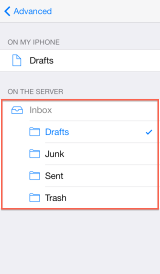 E pasta lietojumprogrammas iestatīšana — iOS ierīces ios7 imap folder server