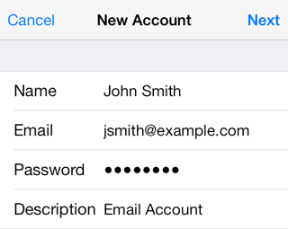 E pasta lietojumprogrammas iestatīšana — iOS ierīces ios7 new account general