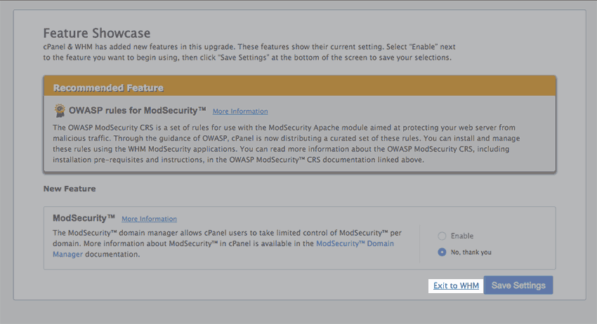 The Feature Showcase page with 'Exit to WHM' spotlighted.